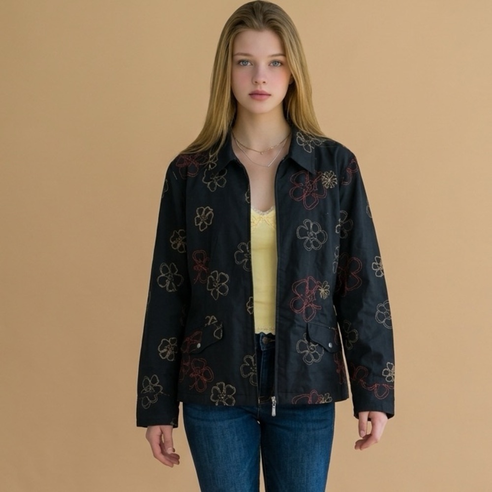 EUC - Weekenders Black Jean Jacket with Zipper & Embroidered Flowers - Size 12